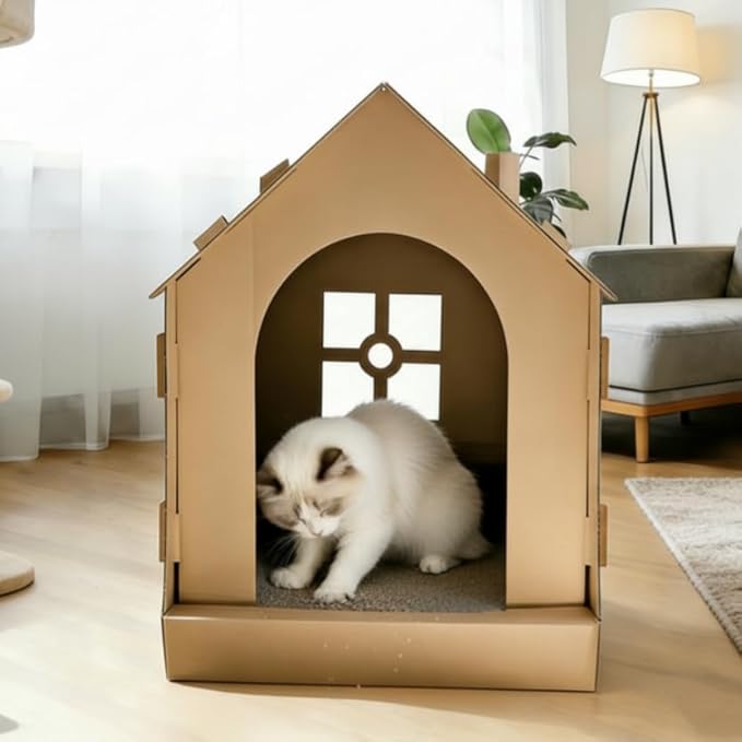 17.3 Inch Multiple Windows Detachable Cardboard House, House with Scratching Board, Indoor Playhouse, Scratching Mat with Catnip