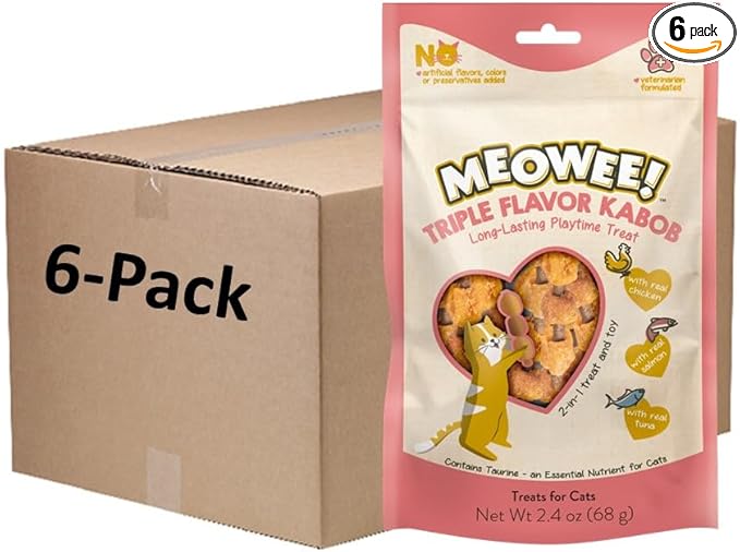MEOWEE! Triple Flavor Kabobs Cat Treat, 2.4 Ounce Bag, Long-Lasting Playtime Treat for Cats Made with Real Chicken, Salmon & Tuna