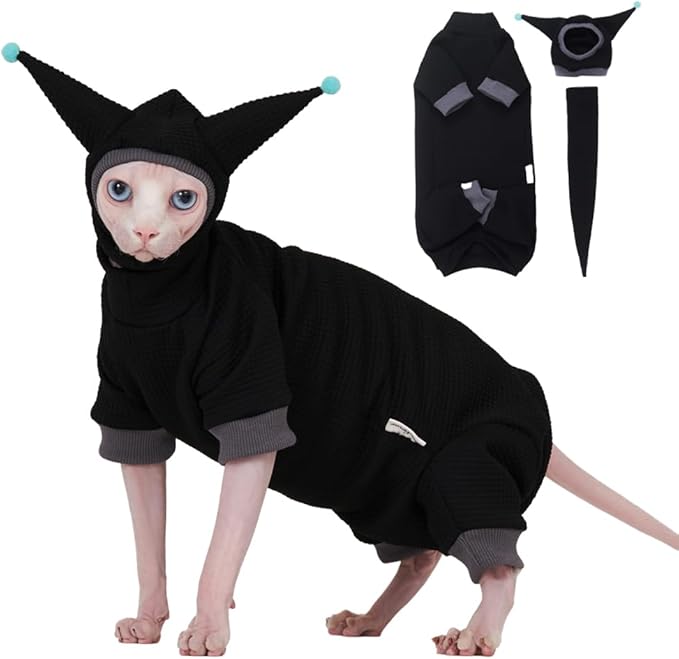 Sphynx Cat Clothes Waffle Pattern Suit, Cute Pet Hat and Shirt Set, Hairless Cat Devon Cornish Pink and Black Suit, (X-Large, Black)