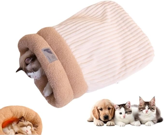 Winter Warming Cat Sleeping Bag，Soft Plush Sleeping Bag for Indoor Cats，Cozy Pet Nest for Cats and Dogs, Portable Calming Pet Nests，Cat Cave Bed Self Warming Bed, Pet Hideway (A-Beige,Large)