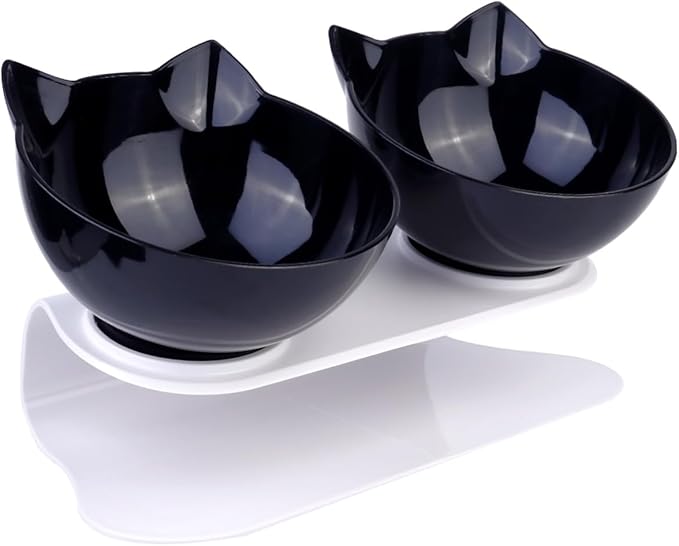 Double Plastic Cat Bowl with Raised Slanted Design, Black Dual Pet Feeding and Watering Bowl, Anti-Spill Tilted Food and Water Dish for Cats and Dogs