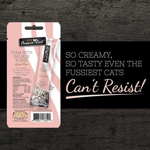 Fussie Cat Puree Grain Free Lickable Treat in 2 Flavors: (2) Tuna with Salmon and (2) Tuna with Ocean Fish (4 Four-Tube Packs, 16 Tubes Total, 0.5 Ounce per Tube) Plus Shaynanigans Silicone Lid