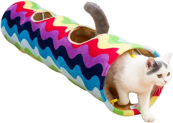Cat Tunnel -Straight-Shaped, Rainbow Wave Color, Soft Velvet Exterior, Oxford Fabric Fog-Proof Interior, Plush Toy Ball, Easily Washable, Conveniently Foldable, 47.2in/120cm