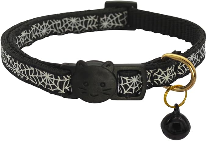 2 Pack Halloween Breakaway Cat Collars, with Spider Web Design, Safety Buckle & Removable Bell of Kitten Collars, Adjustable from 7.5 to 12.5 Inches(Orange & Black)