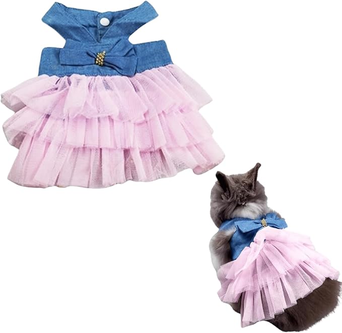 Rabbit Dress Bunny Costume Clothes Skirt Daily Wear Cloth for Small Cat Dog Puppy Chinchilla Guinea Pig, Small Animal Dress for Party Photo (Denim Pink,XS)