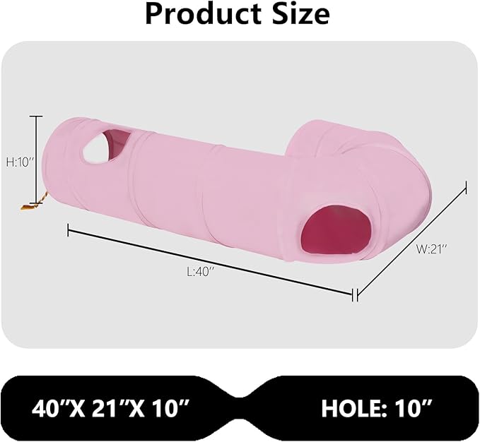 Cat Tunnel, 2-Way Collapsible Cat Tube with Interactive Peek-A-Boo Hole, Toy Ball, and Rope – Ideal for Indoor Cats, Kittens, and Rabbits (Pink)