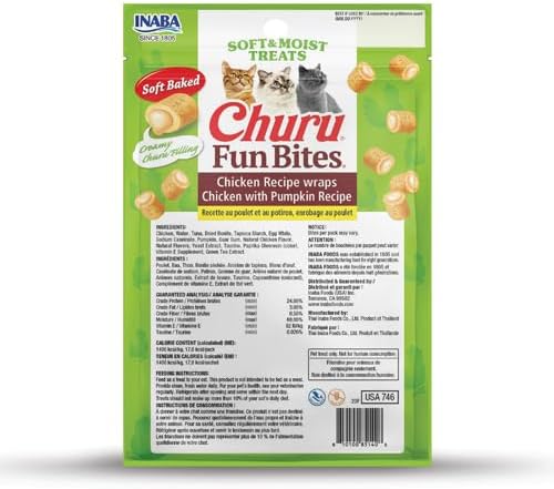 INABA Churu Fun Bites for Cats, Soft & Chewy Baked Chicken Wrapped Filled Cat Treats with Taurine, 0.42 Ounces Each Tetra, 3 Tetras, Chicken with Pumpkin Recipe