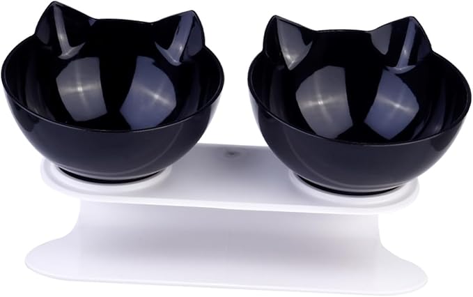 Homoyoyo Double Pet Food Bowl with Cat Ear Design, Black Plastic Raised Feeding and Watering Dish, Tilted Neck Protection, Anti-Spill Cat and Dog Bowl for Indoor Use