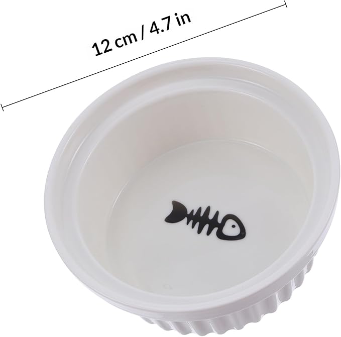 Ceramic Cat Food Feeder and Water Bowl with Raised Black Metal Stand, Fish Bone Design White Bowl, Neck Protection Elevated Pet Feeding Dish for Cats, 2pcs Set