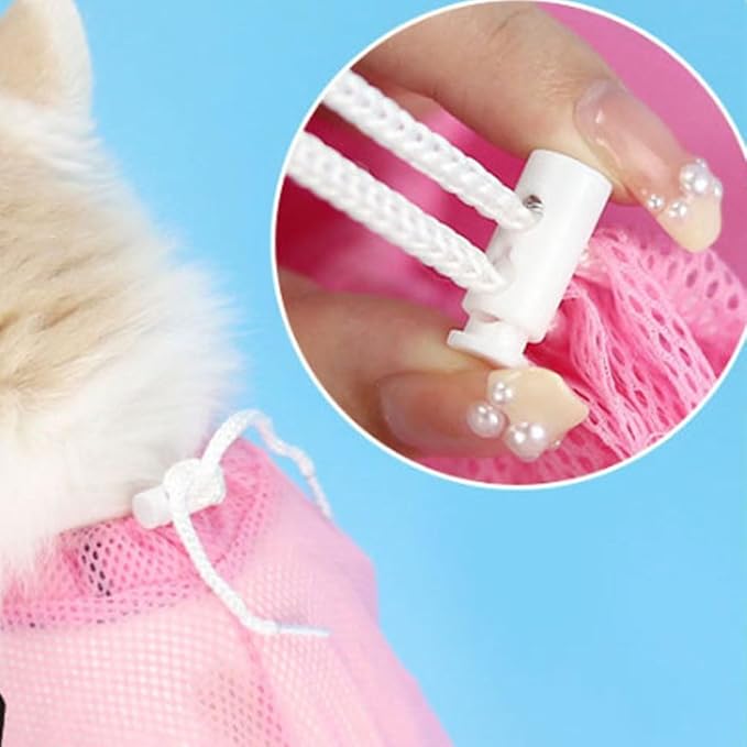 3-Pack Cat Grooming Mesh Bag, Adjustable Restraint for Bathing and Nail Trimming, Pink Blue Yellow