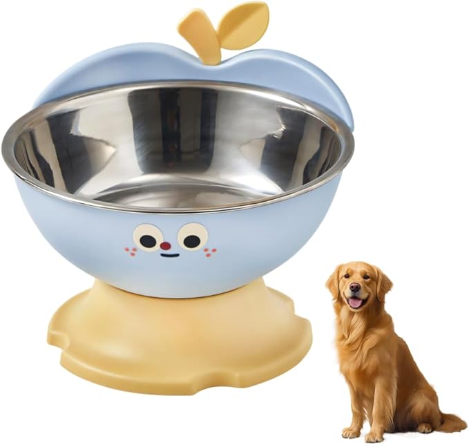 Elevated Cat Dog Bowl Apple Shape, Non Slip Pet Feeder with Stainless Steel Inner, Anti Vomiting Neck Protection for Small Medium Pets