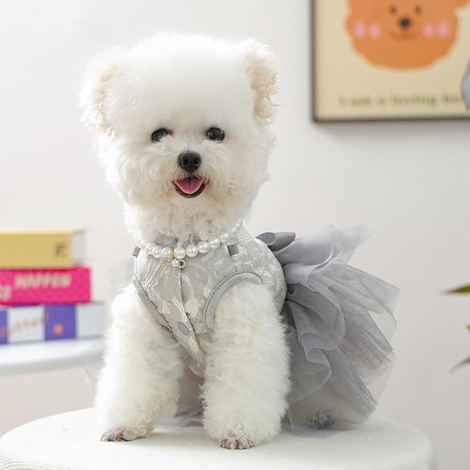 ANIAC Gray Dog Dress for Small Dogs Female,Bow Knot Girl Puppy Clothes with Detachable Pearl Necklace, Elegant Cat Dress, Formal Pet Pary Outfit for Wedding Birthday Valentines (Gray, Medium)