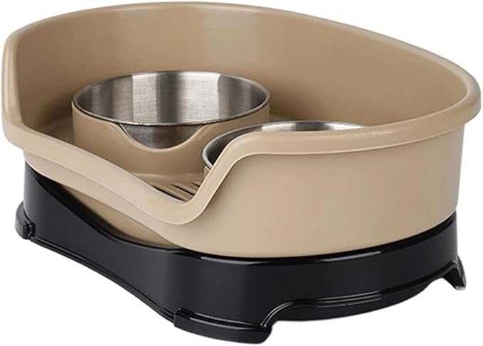 Gralara Cat Water and Food Bowl Feeder Feeding Dish Easy to Clean Non Slip Double Bowl Pet Feeder for Small Dogs, Brown