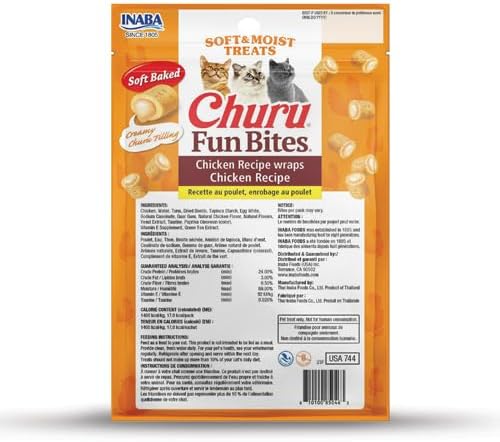 INABA Churu Fun Bites for Cats, Soft & Chewy Baked Chicken Wrapped Filled Cat Treats with Taurine, 0.42 Ounces Each Tetra, 9 Tetras (3 per Bag), Chicken Recipe