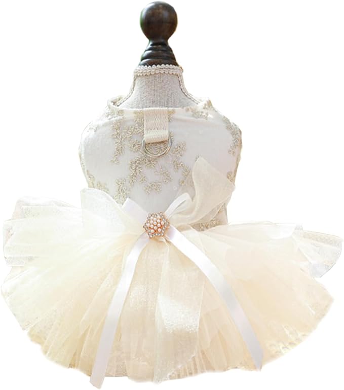 ANIAC Embroidered Dog Dress for Small Dog,Girl Puppy Princess Tutu Dress with Leash Ring,Cat Apparel,Chihuahua Yorkie Clothes for Birthday Wedding (Large, Champagne)