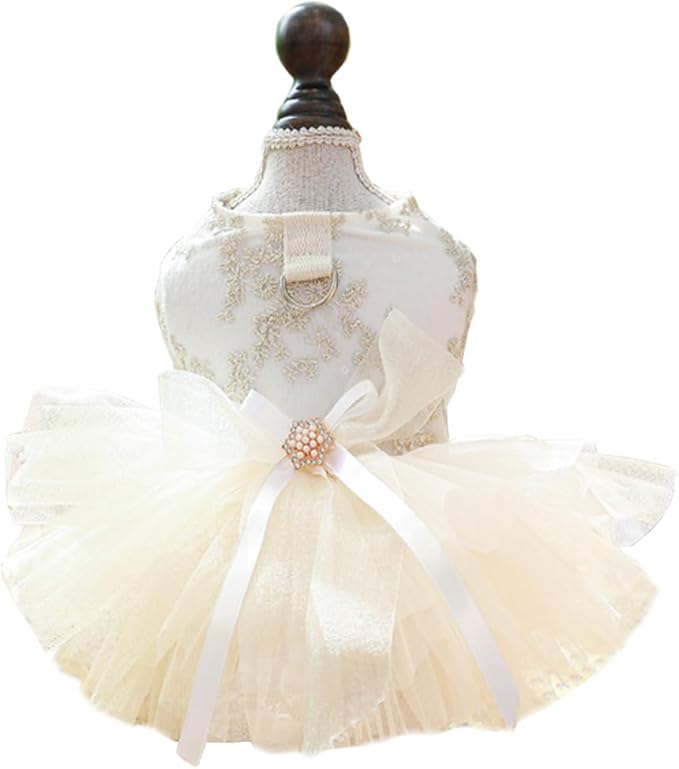 ANIAC Embroidered Dog Dress for Small Dog,Girl Puppy Princess Tutu Dress with Leash Ring,Cat Apparel,Chihuahua Yorkie Clothes for Birthday Wedding (X-Small, Champagne)