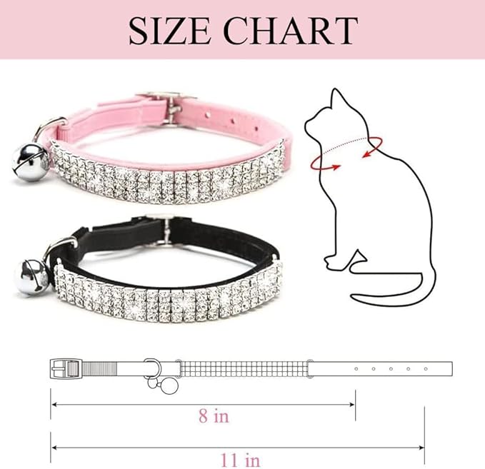 BINGPET 2 Pack Diamond Cat Collar with Bell, Adjustable Soft Velvet Bling Rhinestone Cat Collar, Sparkly Kitten Collar with Metal Buckle and Safety Elastic for Small Medium Cats, Pink & Black