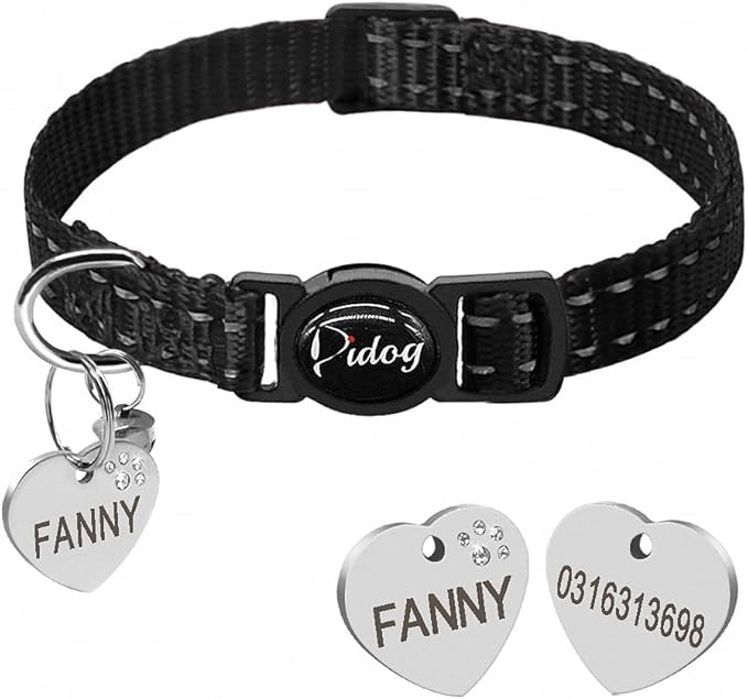 Quick Release Cat Collar Reflective Cat Collars Personalized Puppy Collars for Small Dog Cats Kitten Doggy Black XS