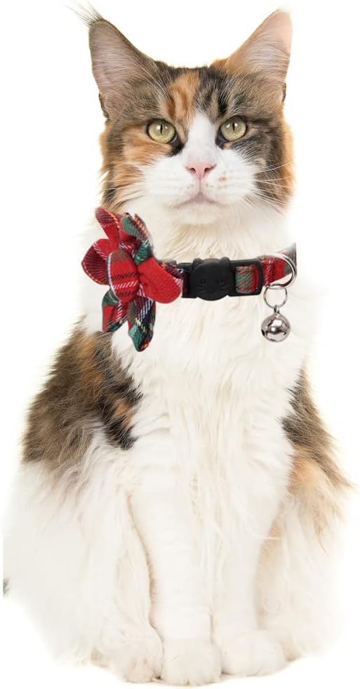 Christmas Cat Collar Breakaway with Cute Removable Flower Floral and Bell for Kitty Adjustable Safety Plaid