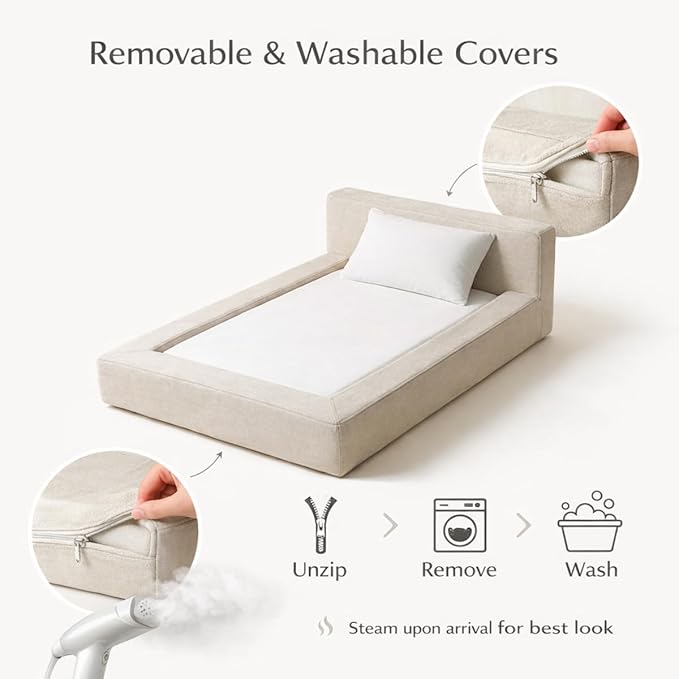 Mini Cloud Bed - Removable and Washable Covers - Toddler Baby Pet Dog Cat Nursery - Upholstered Minimalist Modern Luxury (Waterproof Cream, Medium)