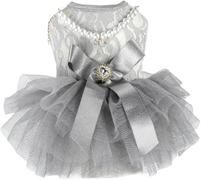 ANIAC Gray Dog Dress for Small Dogs Female,Bow Knot Girl Puppy Clothes with Detachable Pearl Necklace, Elegant Cat Dress, Formal Pet Pary Outfit for Wedding Birthday Valentines (Gray, X-Small)