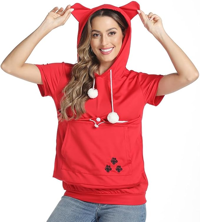 Women Big Pouch Shirt Pet Holder Pocket Top Short Sleeve Solid Color T-Shirt