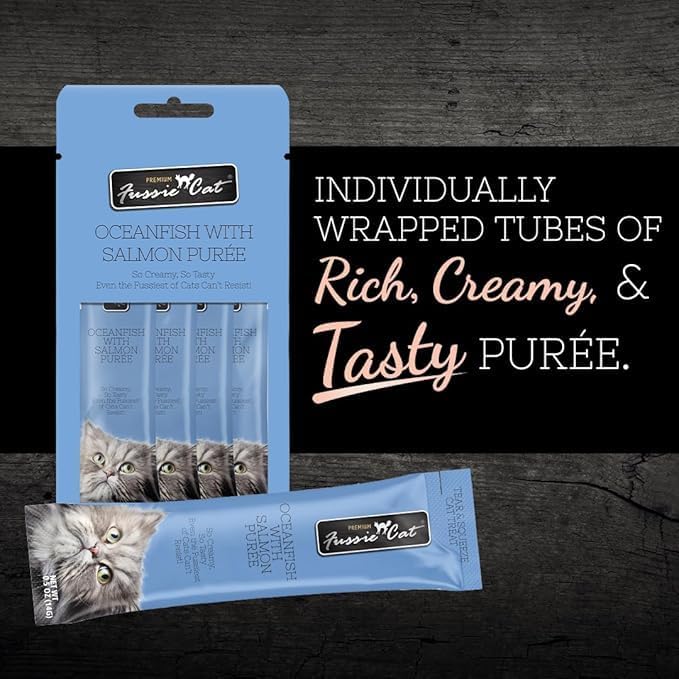 Fussie Cat Puree Grain Free Lickable Treat in 2 Flavors: 2 Tuna with Shrimp and 2 Ocean Fish with Salmon (4 Four-Tube Packs, 16 Tubes Total, 0.5 Ounce per Tube) Plus Shaynanigans Silicone Lid