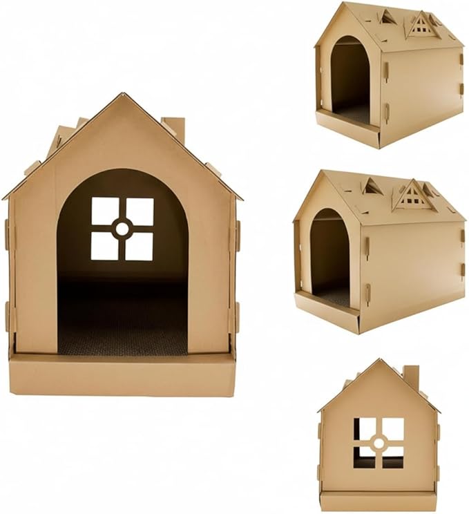 17.3 Inch Multiple Windows Detachable Cardboard House, House with Scratching Board, Indoor Playhouse, Scratching Mat with Catnip