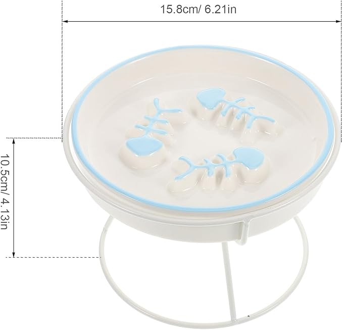 Elevated Ceramic Slow Feeder Cat Bowl and Dog Water Dish with High Base Stand, Anti-Choke Slow Food Plate for Indoor Cats and Small Pets, Blue Fish Design with White Elevated Rack