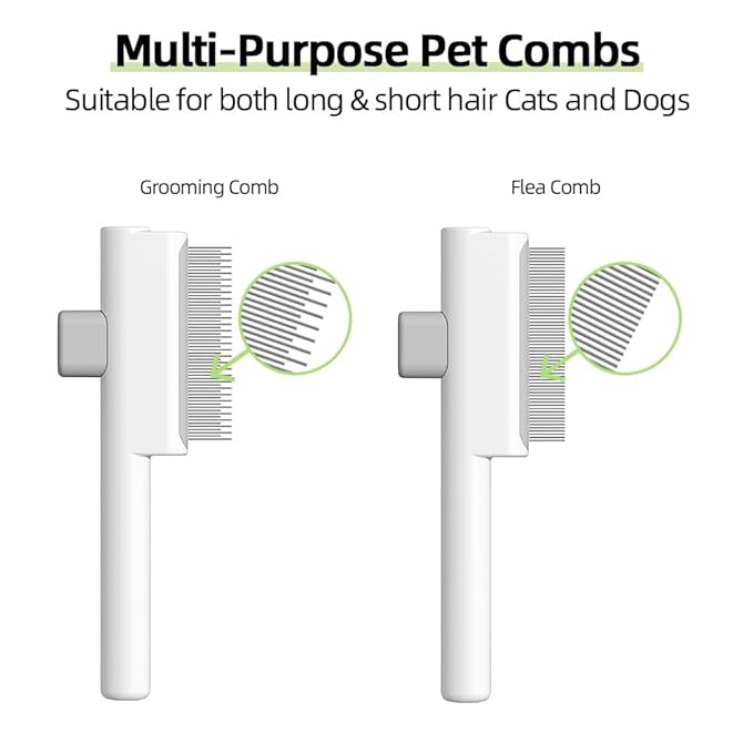 Marchul 2 Pack Self-Cleaning Pet Grooming Comb Set, Cat & Dog Flea Brush with One-Click Release Button, Stainless Steel Round Teeth Comb for Removing Tangles, Loose Fur and Shed Hair, White