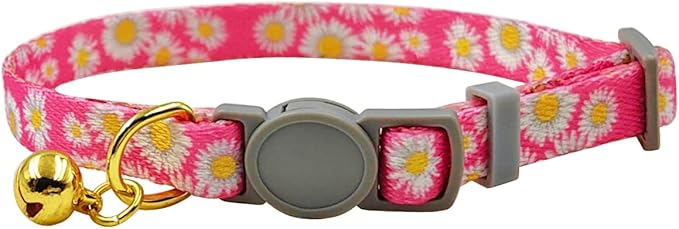 Breakaway Cat Collar, Floral Pattern, Safe Release Buckle, Clear Bell, Polyester Material, for Adult Cats.(Pink Daisy)