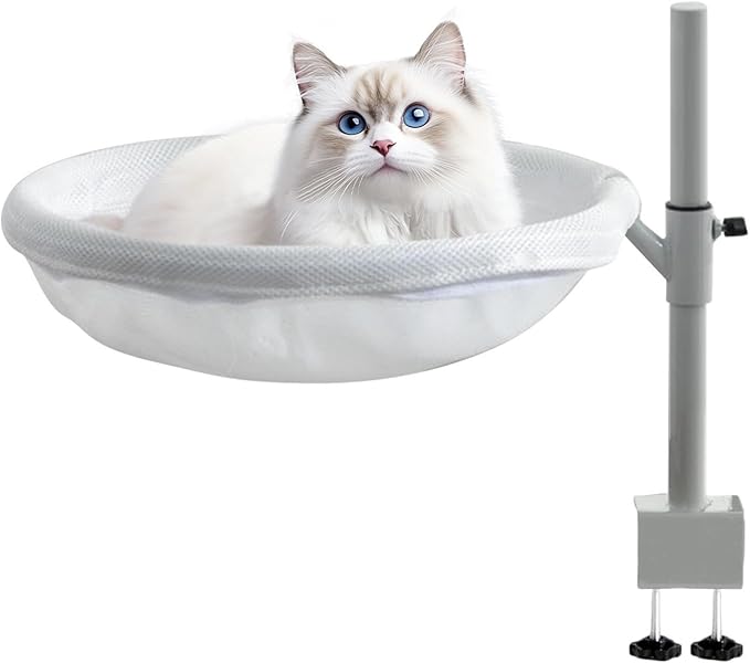 Desk Cat Bed Hammock, 360 Rotating Cat Nest Seat, Space Saving Pet Bed Mounted On Table with Washable Cushion Cover, Modern Cats Furniture for Home Office Setup Desktop Use