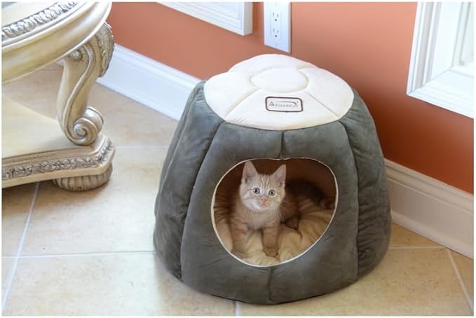 HomeStock Cat Bed Velvet & Faux Suede -Skid-Free Pet Bed - Removable Cushion - Laurel Green & Beige