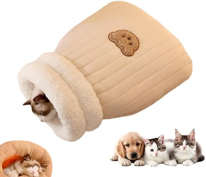 Winter Warming Cat Sleeping Bag，Soft Plush Sleeping Bag for Indoor Cats，Cozy Pet Nest for Cats and Dogs, Portable Calming Pet Nests，Cat Cave Bed Self Warming Bed, Pet Hideway (Large,B-Brown)