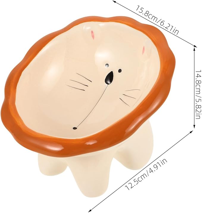 Luxshiny Ceramic Elevated Cat Food Bowl with Tilted Design Large Wide Mouth Cartoon Lion Pattern Raised Pet Bowl for Indoor Feeding and Watering