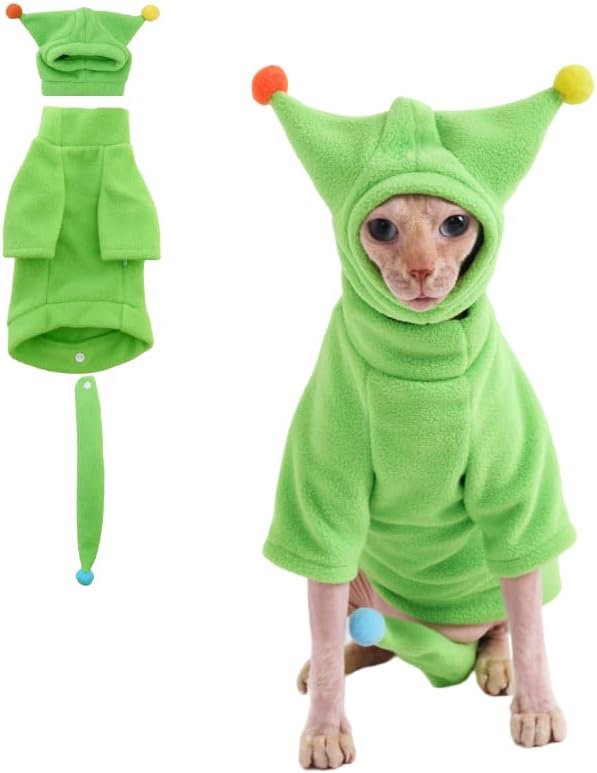 Sphynx Cat Clothes, Warm Cat Jumpsuit with Hat and Tail Cover, Full Set for Hairless Cats, Cornish Rex and Devon Rex (Green, XXL(10-11lbs))