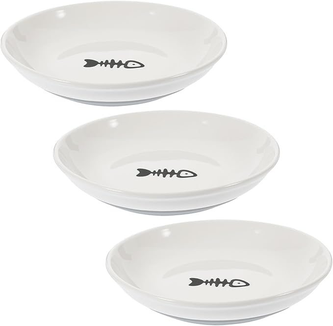 SEWACC 3pcs Shallow Round Cat Food Bowls with Non-Slip Silicone Bottom, Gray Ceramic Pet Feeder Dishes for Small Cats and Kittens, Wide Shallow Bowls for Feeding and Watering