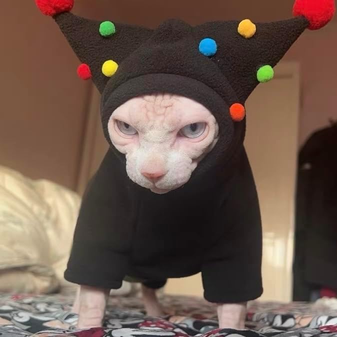 Fleece Funny Cat Hats with Pom-Poms, Adjustable Straps, Halloween Costume, Headwear for Cats' Birthdays (Black, M(Face Circle 9-10''))
