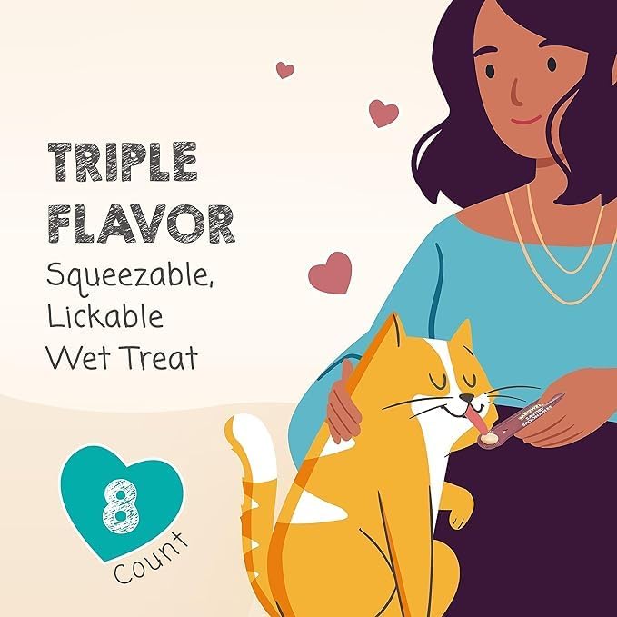 MEOWEE! Savory Spoonables with Real Salmon, Tuna & Krill, 8 Count Tube, Triple Flavor Squeezable Lickable Wet Treats for Cats with Built-in Spoon for Less Mess
