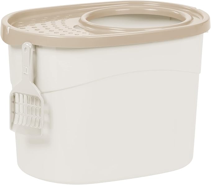 Iris Ohyama, Cat Litter Box, Closed cat Toilet House, Ventilation Opening, Plastic (PP) BPA-Free, Scoop, L52 x W37.5 x H36.5 cm, TECL-20, White/Beige