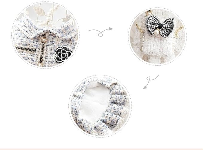 Pet Dress with Pearl Buttons, White Tweed with Black Bow and Rose Embellishments, Small Dog and cat Princess Outfit (White, Small)