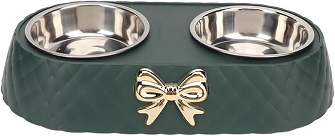 Pet Bowls with Holder Stainless Steel Food Water with Bowknot Decor for Dog Cat(Green)
