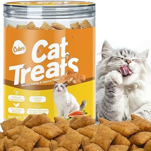 Soft & Crunchy Cat Treats with Real Salmon & Catnip, Dual Texture Cream-Filled Cat Snacks for Cats & Kittens, Training Rewards & Dental Support