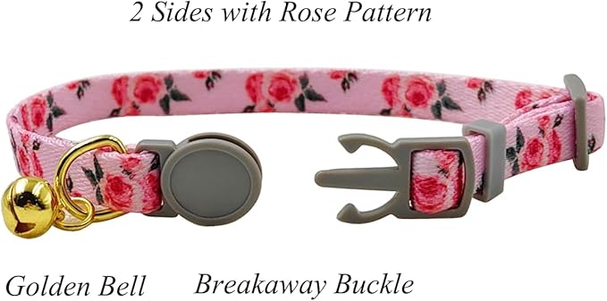 Breakaway Cat Collar, Floral Pattern, Safe Release Buckle, Clear Bell, Polyester Material, for Adult Cats.(Pink Rose)