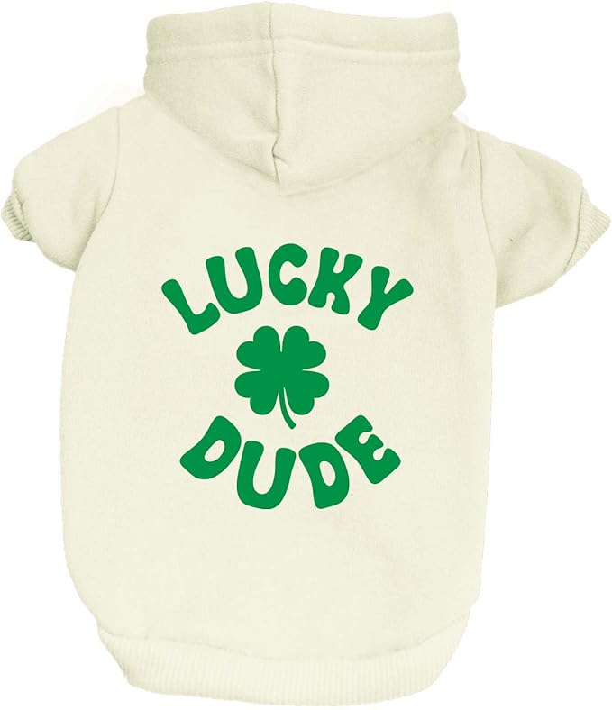 Lucky Dude Dog Hoodie | Fleece Lined |Leash Hole| St. Patrick's Day | Lucky | Shamrock | Irish Holiday|Cream, 6X-Large 1207