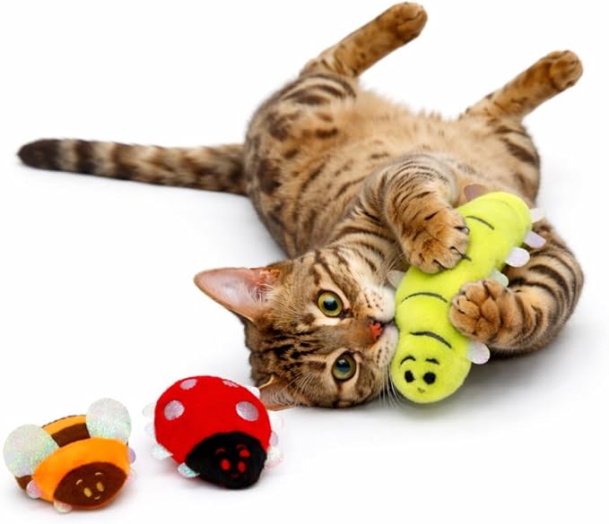 Pounce & Purr® Plush Cat Toys, Catnip & Silvervine Infused, Shiny Iridescent Accents, Interactive Play Toys for Cats & Kittens (Backyard Buggin' Series)