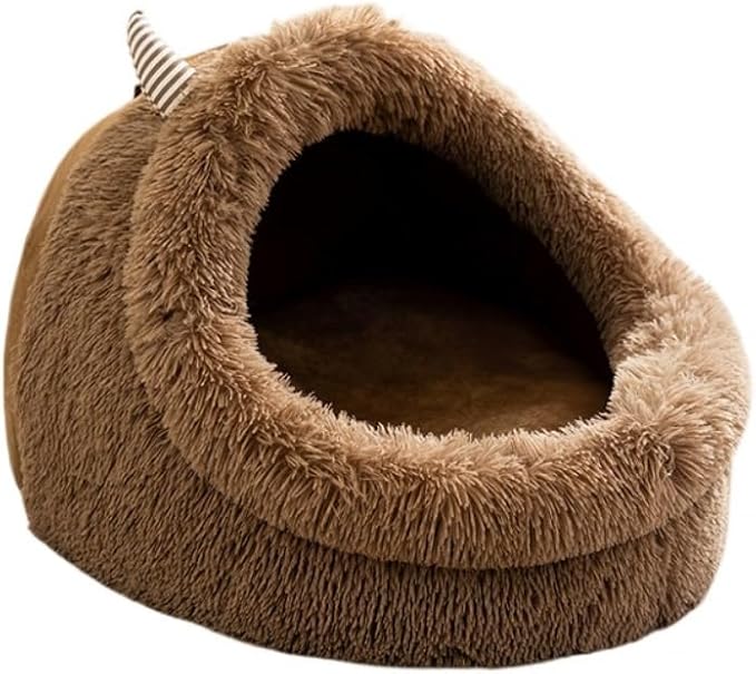 Autumn and Winter Cat Bed Semi-Enclosed Plush Warm Thickened Little Monster Cat Bed Indoor High Cushion Deep Sleep Dog Bed Small and Medium Dog Cat Bed Pet Bed (S,Brown)
