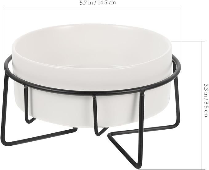 Elevated Cat Food Bowl with Metal Stand, 400ml Ceramic Raised Pet Feeder for Cats and Small Dogs, Non-Slip White Bowl with Black Iron Frame, Suitable for Feeding and Watering