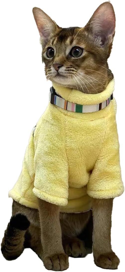 Sphynx Cat Clothes Winter Turtleneck Soft Coral Fleece Cat Clothes Thicken Warm Pajamas Coat for Hairless Cats and Small Cat Apparel with Sleeves (Lemon Yellow, XL (9.3-12.7lbs)