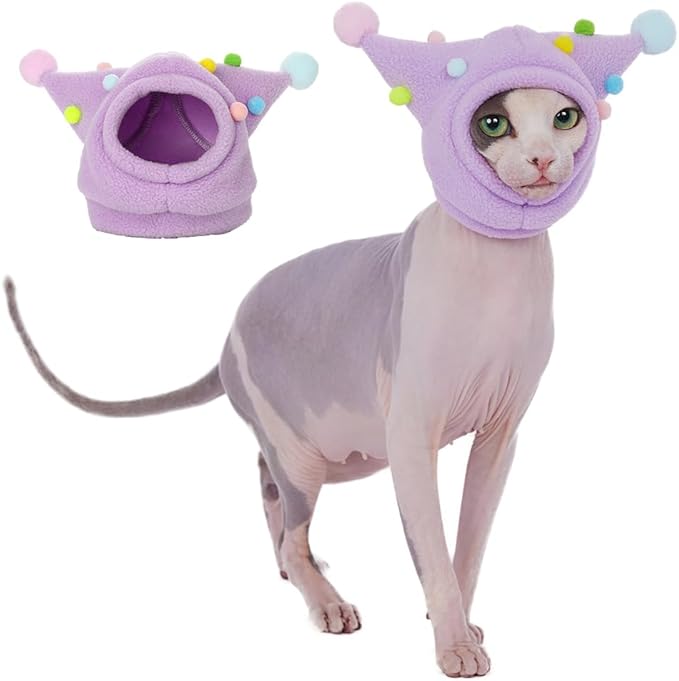 Fleece Cat Hats with Pom-poms, Warm & Adjustable, Halloween Costume, Headwear for Cats' Birthdays - Purple, Face Circle 9-10''
